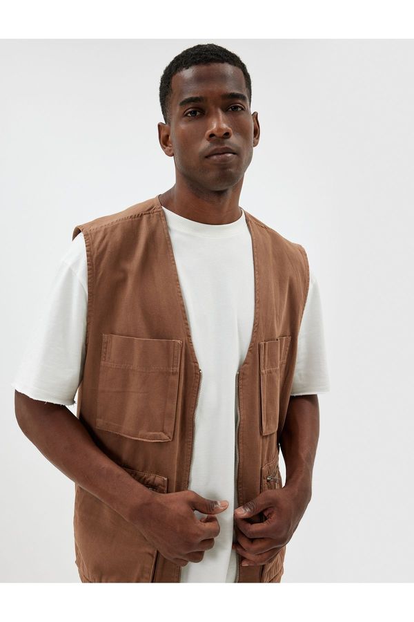 Koton Koton Slim Fit Vest V Neck Pocket Zipper Cotton
