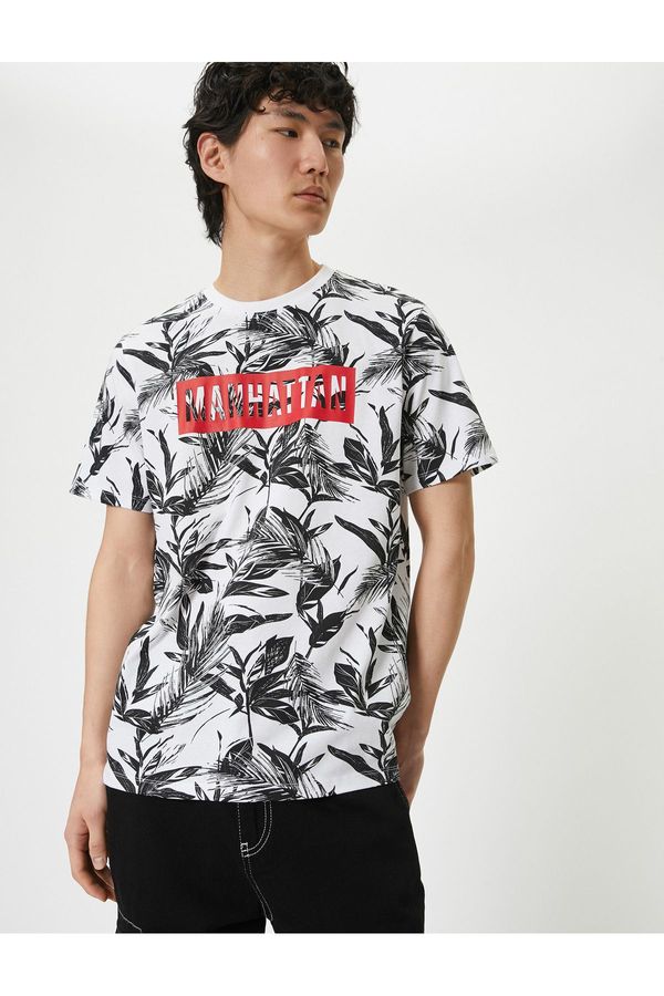 Koton Koton Slogan Printed T-Shirt Floral Short Sleeve Crew Neck