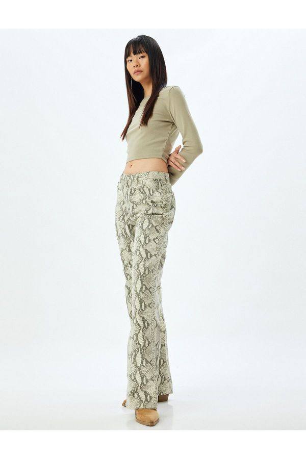 Koton Koton Snakeskin Patterned Trousers Straight Leg Buttoned Pocket Cotton