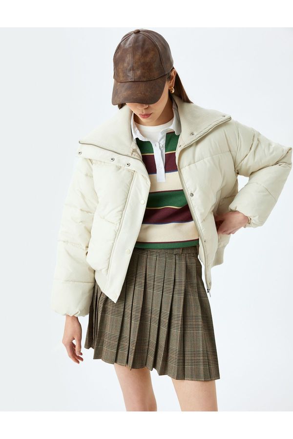 Koton Koton Stand Collar Ribbed Zippered Snap Button Pocket Puffer Jacket