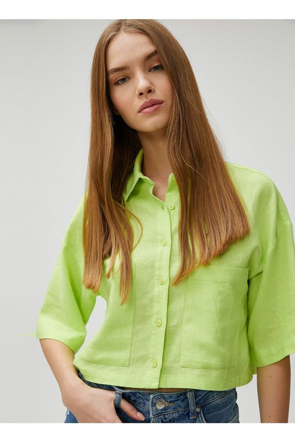 Koton Koton Standard Shirt Collar Solid Green Women's Shirt 3sal60006iw