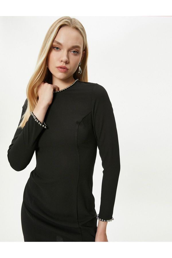 Koton Koton Stone Mini Dress Long Sleeve Crew Neck - Handmade Collection