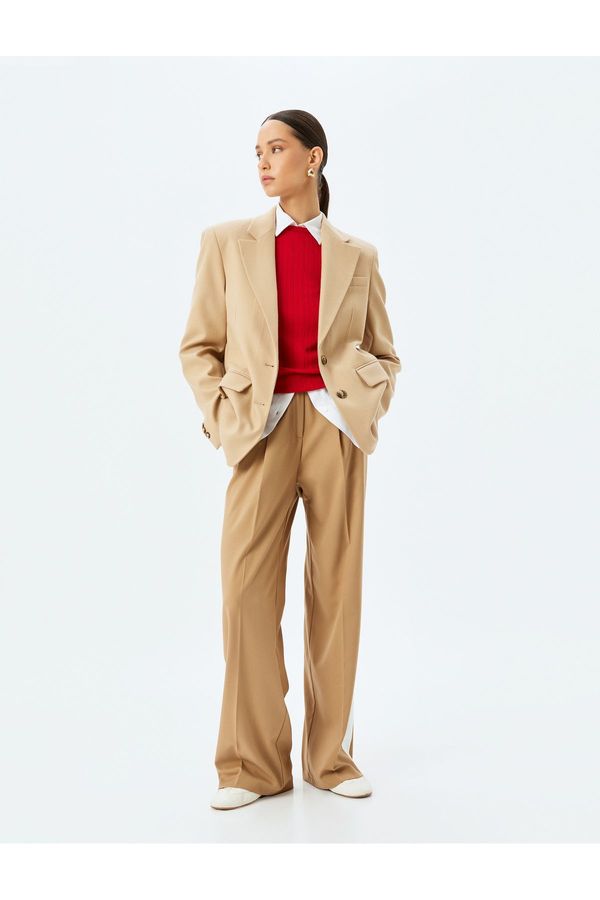 Koton Koton Straight Wide Leg Fabric Trousers with Side Stripe Detail, Pleated Detail and Pockets
