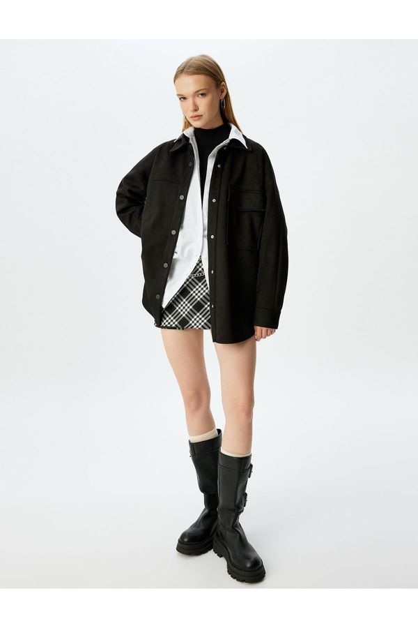 Koton Koton Suede Look Classic Collar Pocket Detailed Buttoned Oversize Shirt