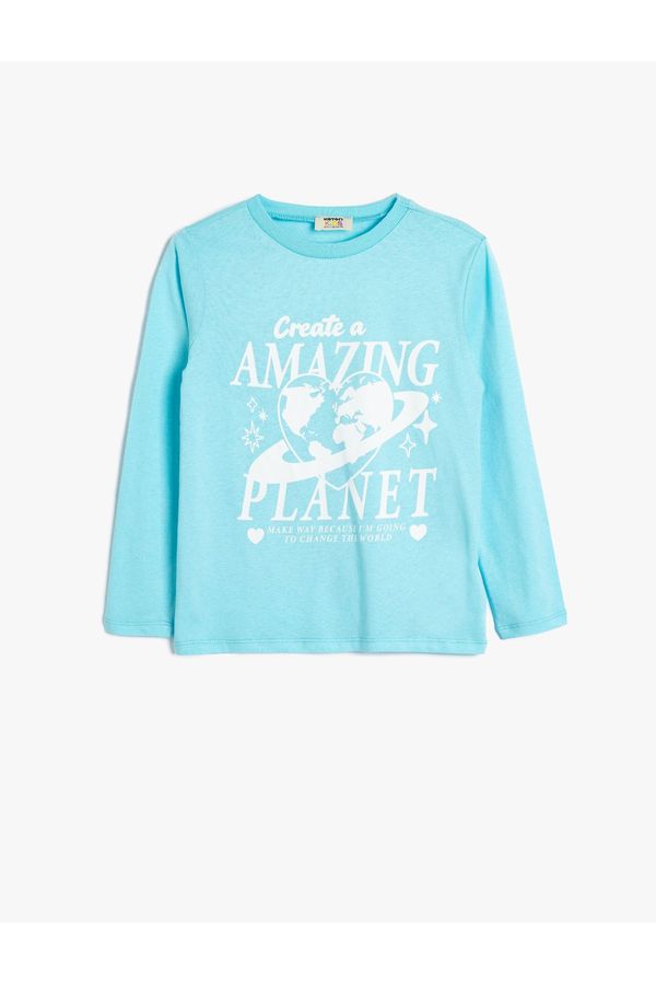 Koton Koton T-Shirt Long Sleeve Planet Printed Crew Neck Cotton