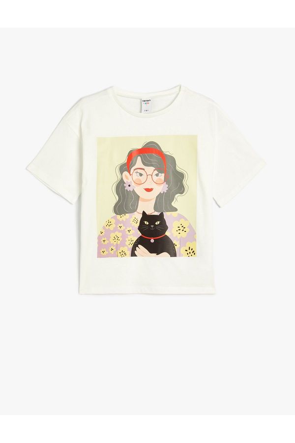 Koton Koton T-Shirt Short Sleeve Cat Printed Crew Neck Cotton