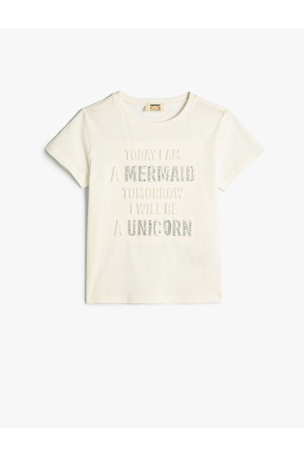 Koton Koton T-Shirt Silvery Emboss Printed Slogan Themed Cotton