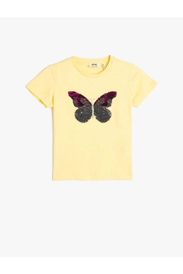 Koton Koton T-Shirt With A Crew Neck Short Sleeves Butterfly Sequins Embroidered Cotton.