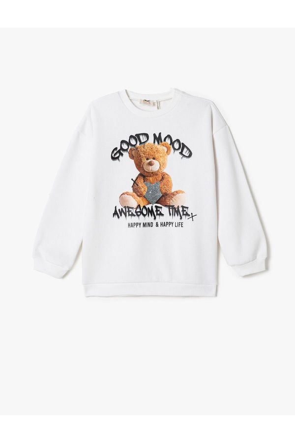 Koton Koton Teddy Bear Printed Sweatshirt Long Sleeve Crew Neck Ribbed