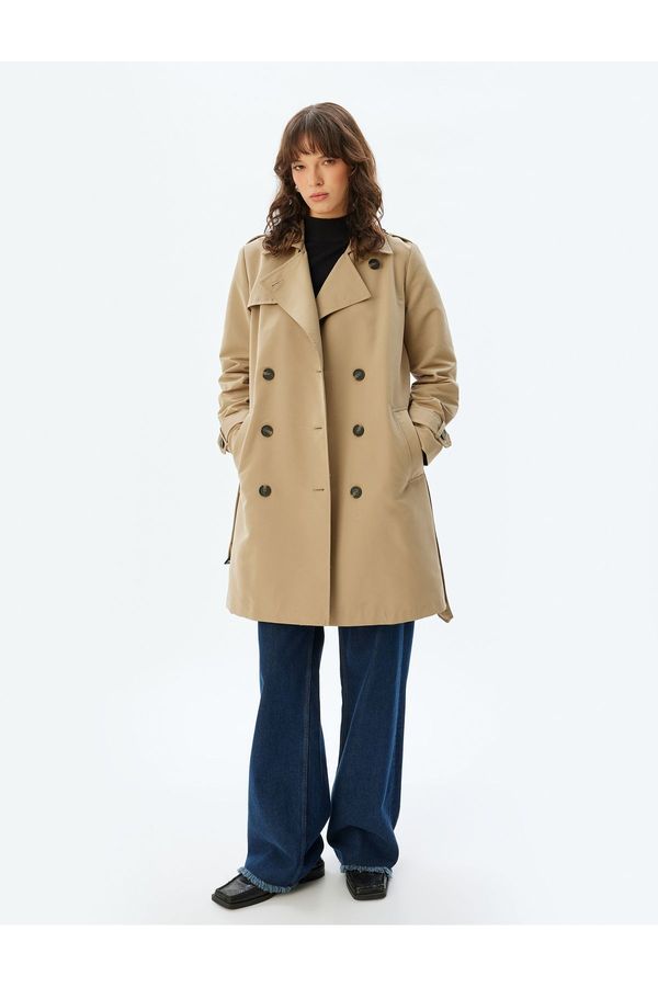 Koton Koton Trench Coat Double Breasted Reverse Collar Buttoned Pocket Belt Detail