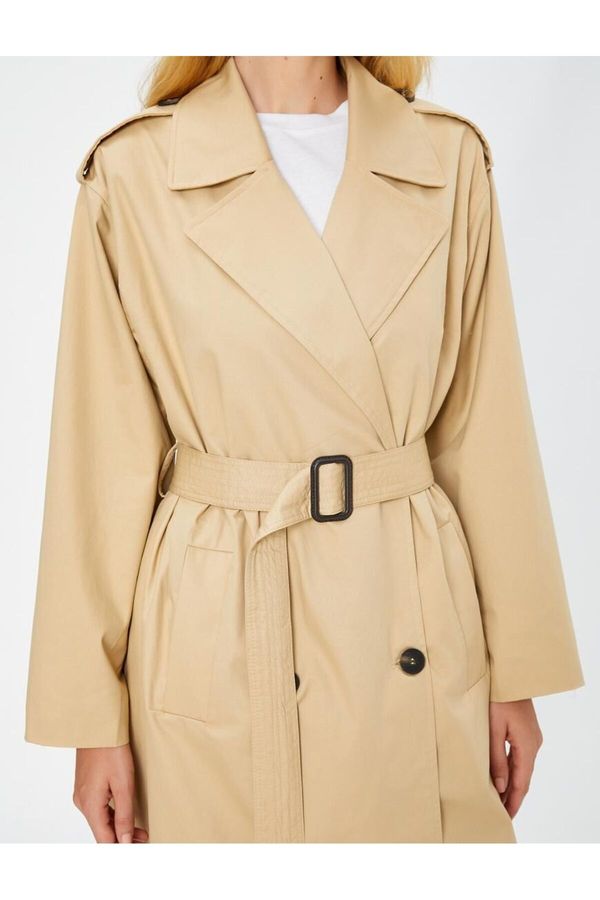 Koton Koton Trench Coat Midi Length Belted Pocket Detailed Buttoned