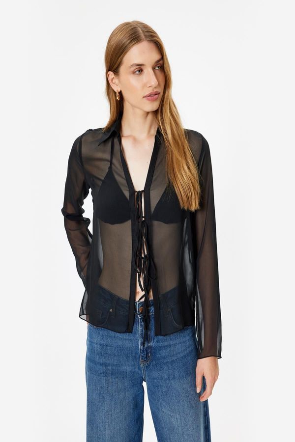 Koton Koton Tulle Transparent Shirt with Front Tie Detail Long Sleeve
