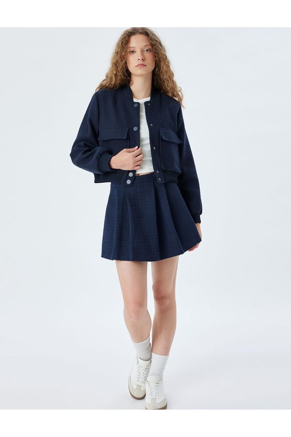 Koton Koton Tweed Bomber Jacket Round Neck Buttoned Pocket Detail