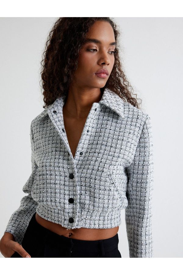 Koton Koton Tweed Bomber Jacket with Pockets and Buttoned Shirt Collar