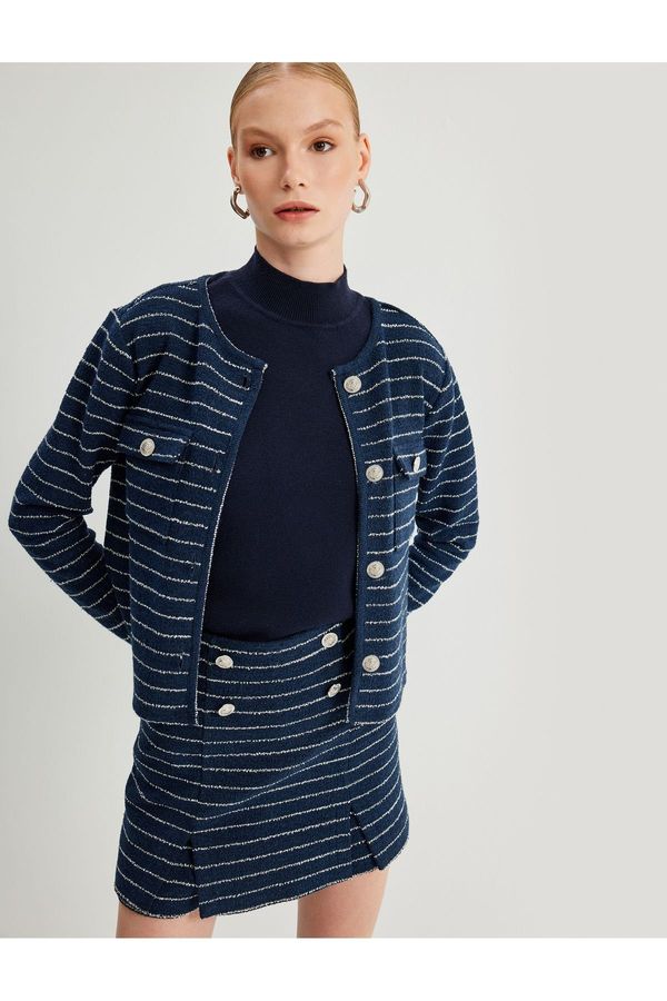 Koton Koton Tweed Cardigan Round Neck Flap Double Pocket Detail Buttoned