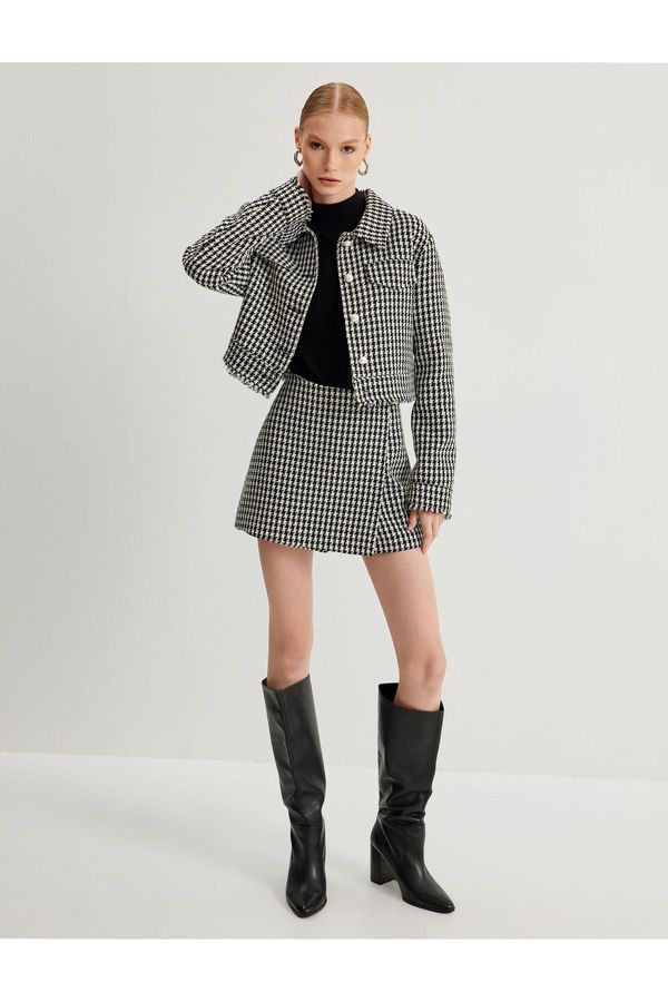 Koton Koton Tweed Crop Jacket Houndstooth Patterned Shirt Collar Pearl Buttons