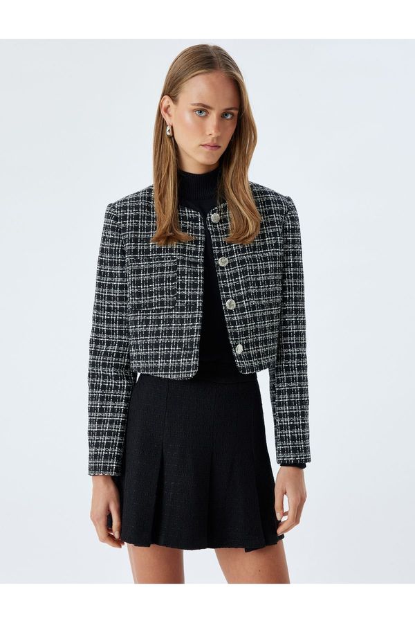 Koton Koton Tweed Crop Jacket Round Neck Pocket Detail Buttoned Wool Blend