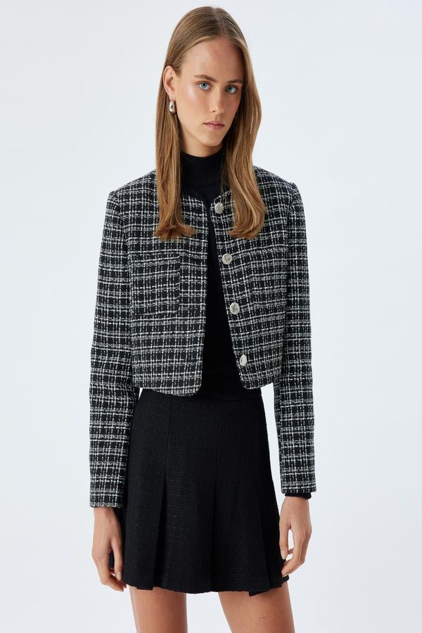 Koton Koton Tweed Crop Jacket Round Neck Pocket Detail Buttoned Wool Blend