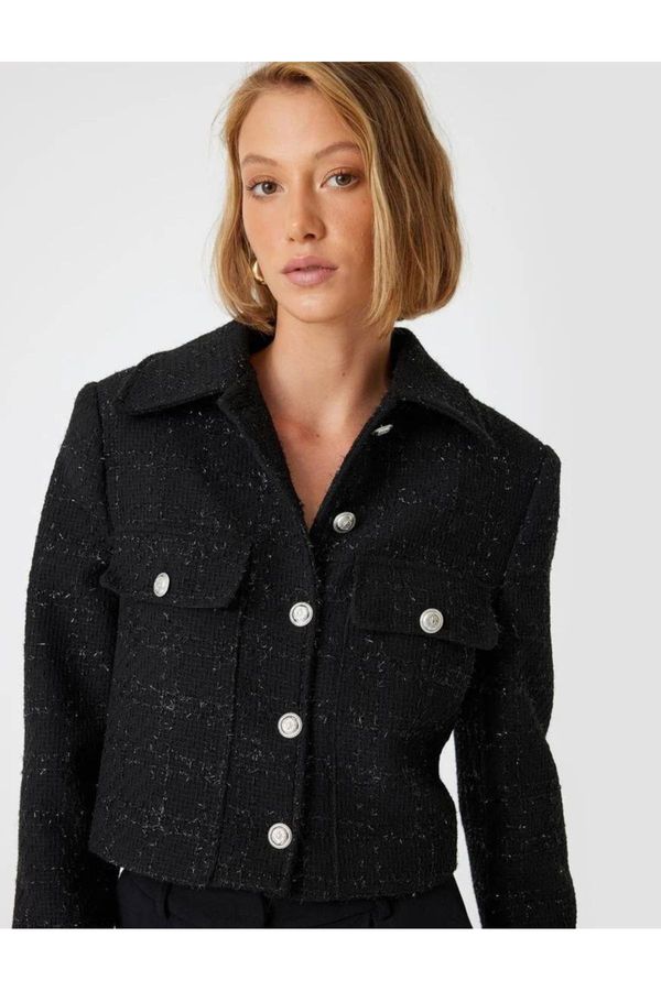 Koton Koton Tweed Crop Jacket with Buttoned Flap Pocket Detail