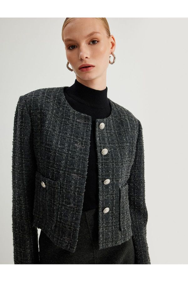 Koton Koton Tweed Jacket Round Neck Buttoned Pocket