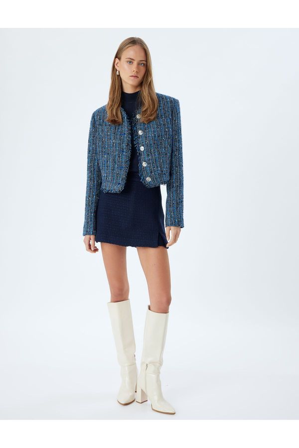 Koton Koton Tweed Jacket Round Neck Tassel Detail Pocket Buttoned