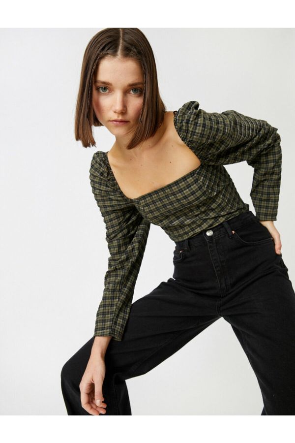 Koton Koton U-Neck Balloon Sleeve Checked Blouse