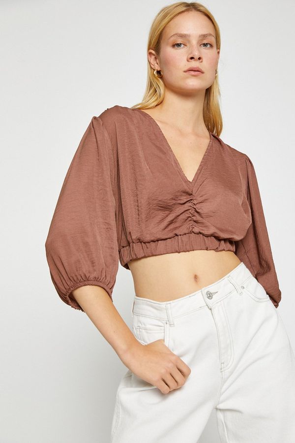 Koton Koton V Neck Balloon Sleeve Crop Blouse Satin Look