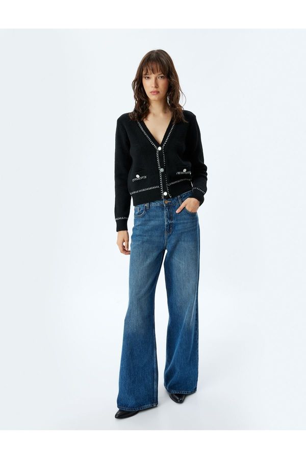 Koton Koton V-Neck Buttoned With pockets Color Contrast Detail Knitwear Cardigan