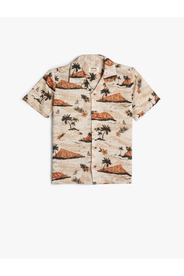 Koton Koton Viscose Shirt Palm Printed Short Sleeve Single Pocket Detail