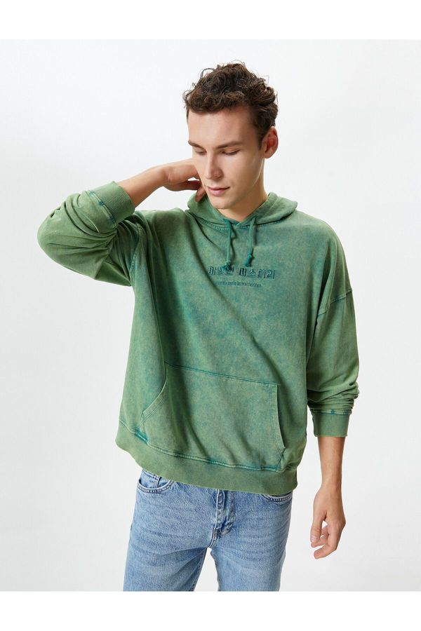 Koton Koton Washed Hoodie Slogan Embroidered Kangaroo Pocket Casual Fit