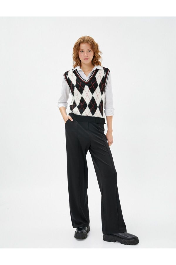 Koton Koton Wide Leg Trousers Fabric Ribbed Buttoned