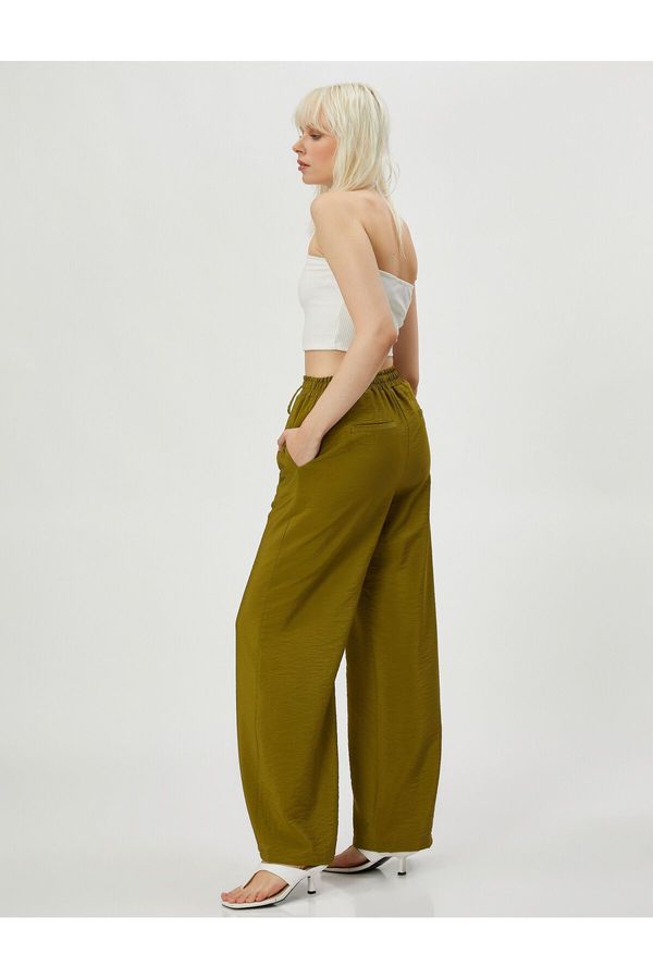 Koton Koton Wide Leg Trousers with Lace Waist Viscose Blend Textured