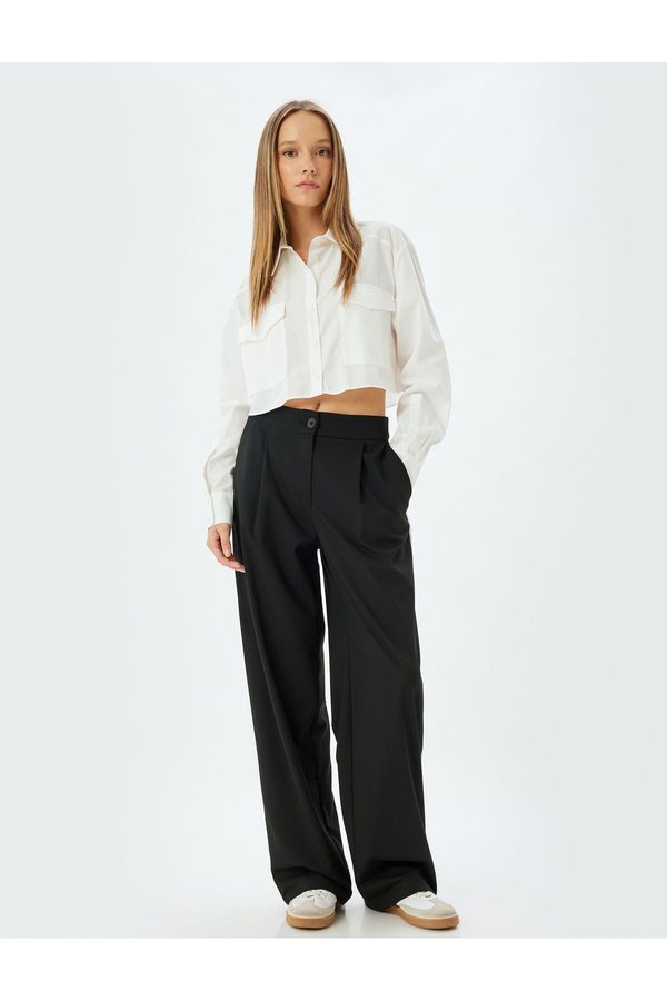 Koton Koton Wide Leg Trousers with Pleated Buttons and Stripe Detail and Pockets