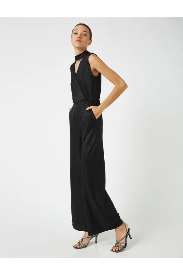 Koton Koton Women's Black Wide Leg Jumpsuit with Window Detail