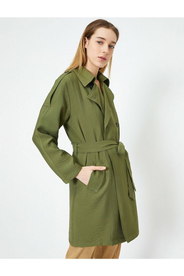 Koton Koton Women's Green Pocketed Trench Coat with Belted Waist