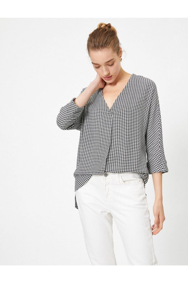 Koton Koton Women's V-Neck Long Sleeve Plaid Blouse