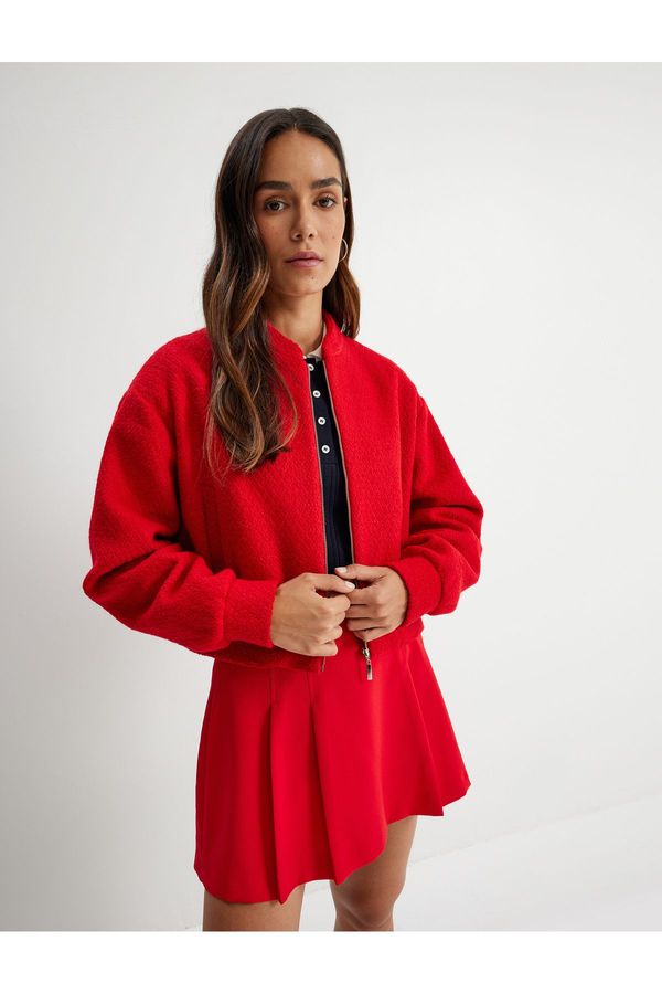 Koton Koton Wool Blended Textured Round Collar Zippered Crop Bomber Jacket