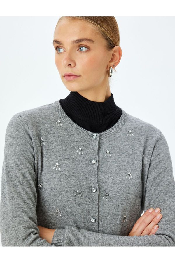 Koton Koton X Melis Ağazat - Buttoned Long Sleeve Crew Neck Stone Knitwear Cardigan