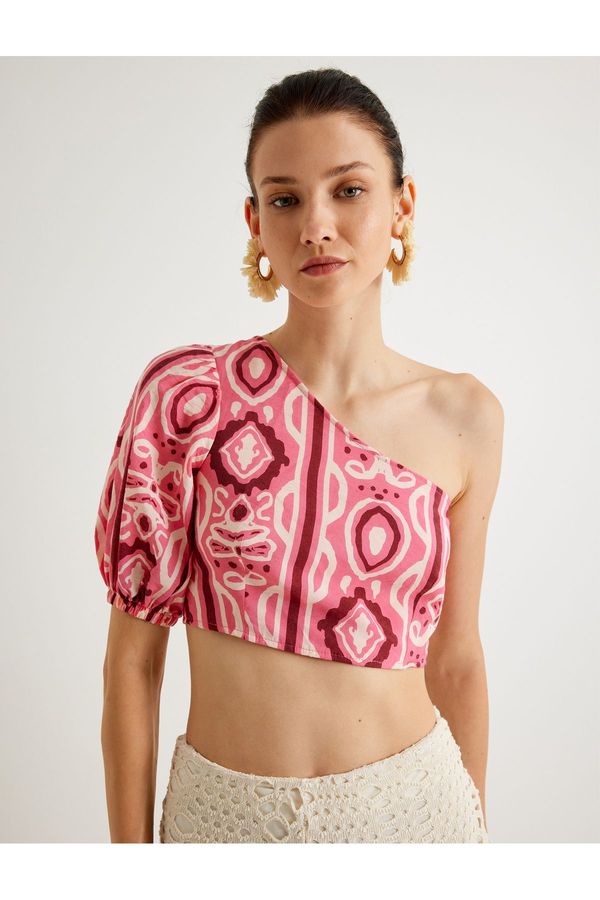 Koton Koton X Melis Ağazat - One Shoulder Balloon Sleeve Crop Blouse Ethnic Patterned Slim Fit