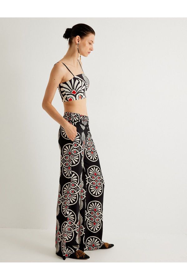 Koton Koton X Melis Ağazat - Wide Leg Trousers High Waist Ethnic Patterned Pocket Viscose Fabric