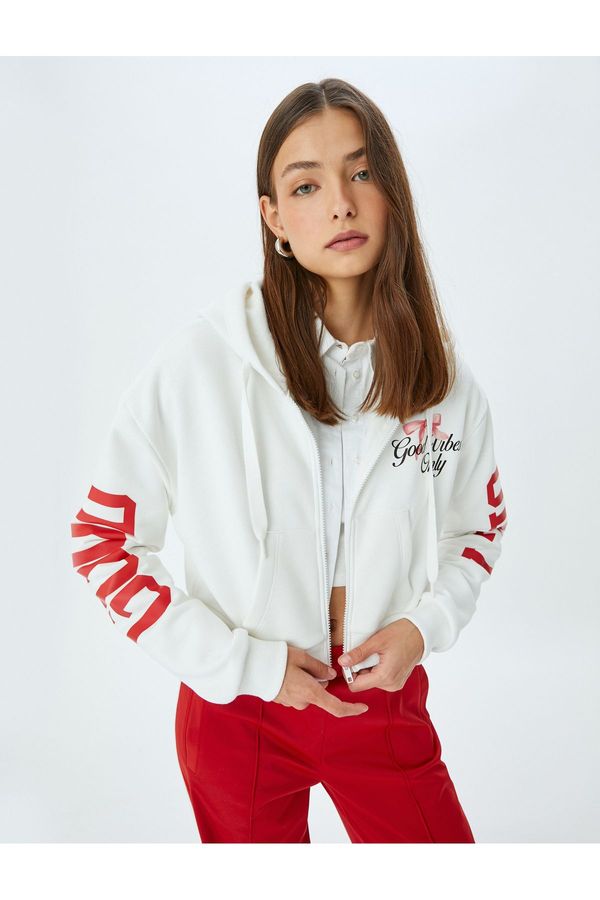 Koton Koton Zippered Pocket Sweatshirt with Back Printed Hood