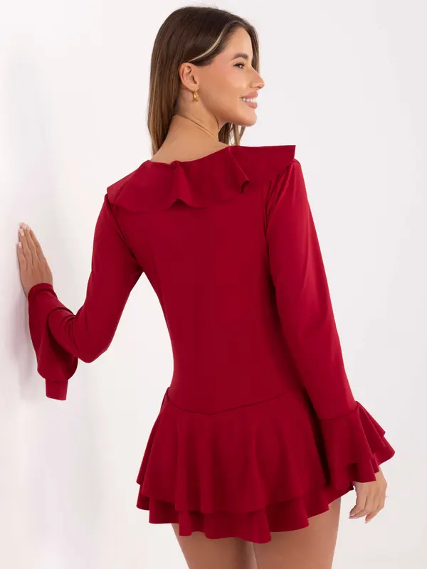 RUE PARIS Kratek bordo kombinezon z volančki