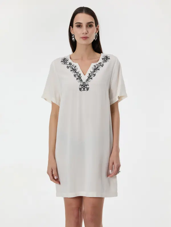 Orsay Krem ženska obleka do kolen ORSAY