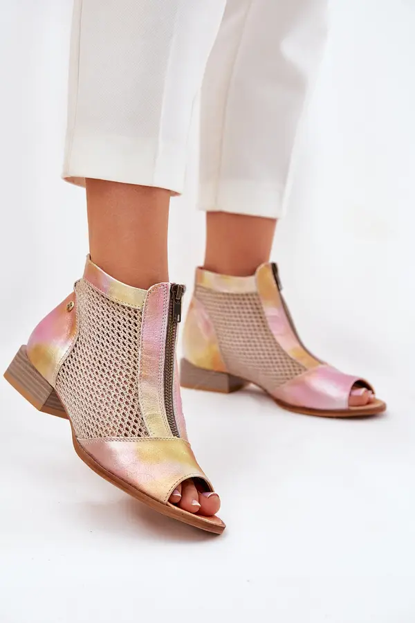 Maciejka Ladies Leather Ankle Boots On Flat Heel With Open Toes Maciejka Pink-Orange