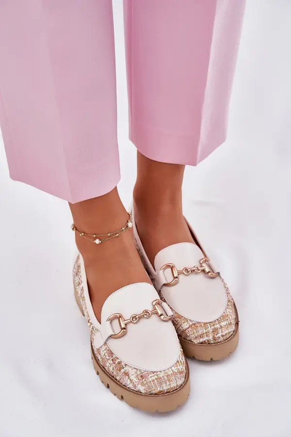 Laura Messi Ladies Leather Moccasins With Golden Detail Light Beige Laura Messi 2938