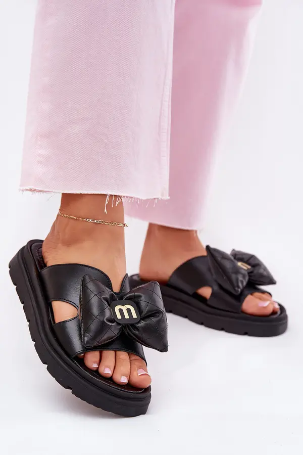 CheBello Ladies leather sandals on platform with bow CheBello 4647 black