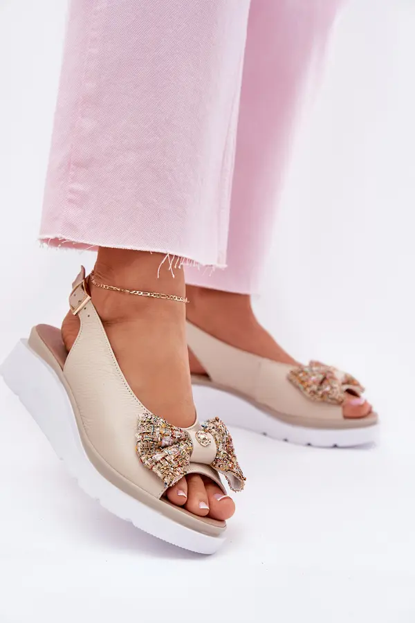 Zazoo Ladies Leather Wedge Sandals With Bow Beige Zazoo 1882