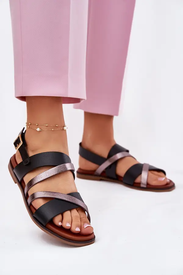 SERGIO LEONE Ladies Sandals With Flat Heel And Straps Black Sergio Leone