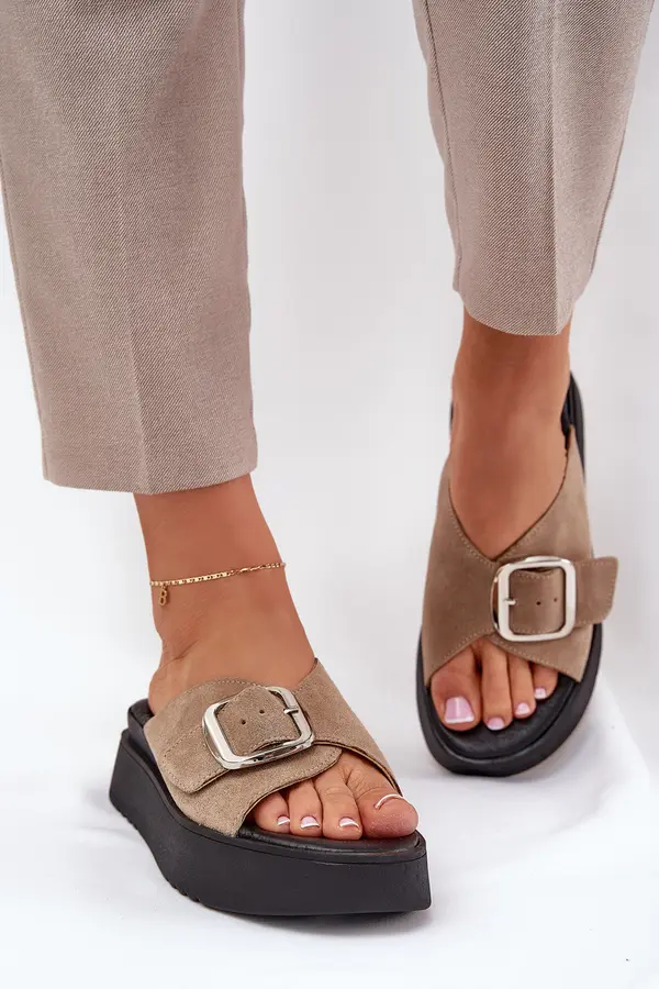 Zazoo Ladies Suede Slippers With Buckle On Platform Beige Zazoo 3019