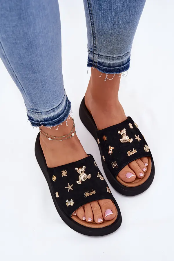 VINCEZA Ladies Suede Slippers With Clips Black Vinceza 66741